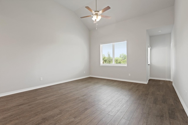 10605 Stag Ln, Fort Worth, TX 76036 - empty room with a ceiling fan, dark wood finished floors, baseboards, and high vaulted ceiling