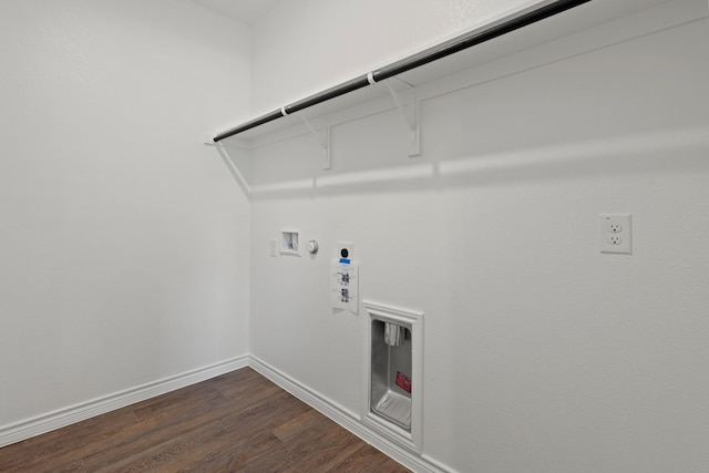 10605 Stag Ln, Fort Worth, TX 76036 - laundry room with hookup for a gas dryer, hookup for an electric dryer, hookup for a washing machine, dark wood finished floors, and baseboards
