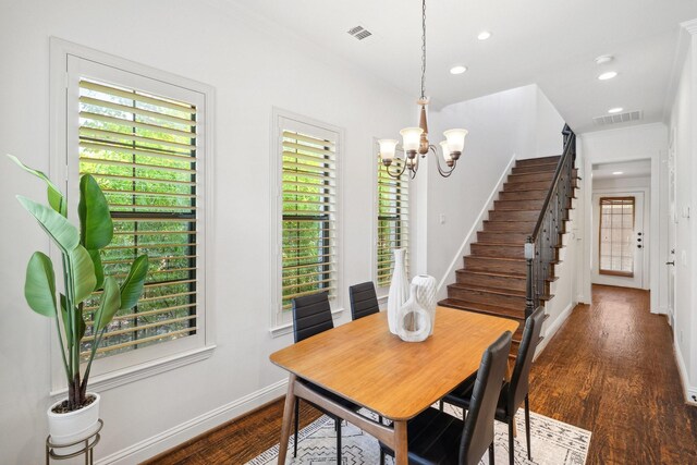 1120 Hemingway Ln, Irving, TX 75063 - dining space featuring dark wood-style flooring, recessed lighting, a chandelier, baseboards, and stairs