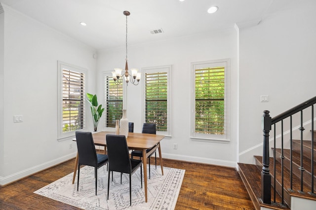 1120 Hemingway Ln, Irving, TX 75063 - dining space featuring a chandelier, plenty of natural light, stairway, wood finished floors, and recessed lighting