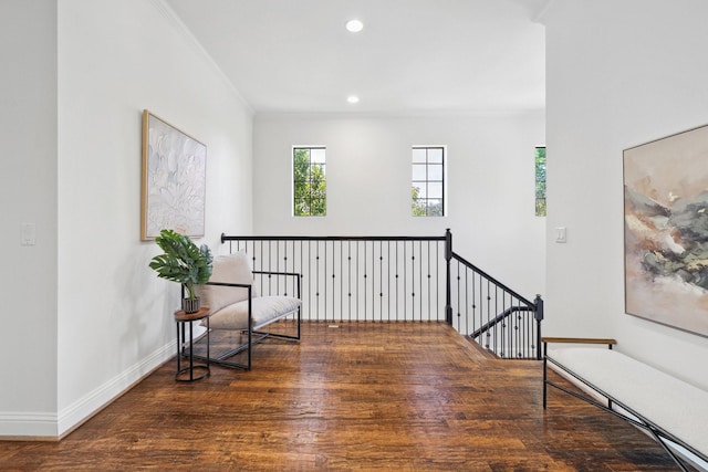 1120 Hemingway Ln, Irving, TX 75063 - living area with an upstairs landing, wood finished floors, crown molding, recessed lighting, and baseboards