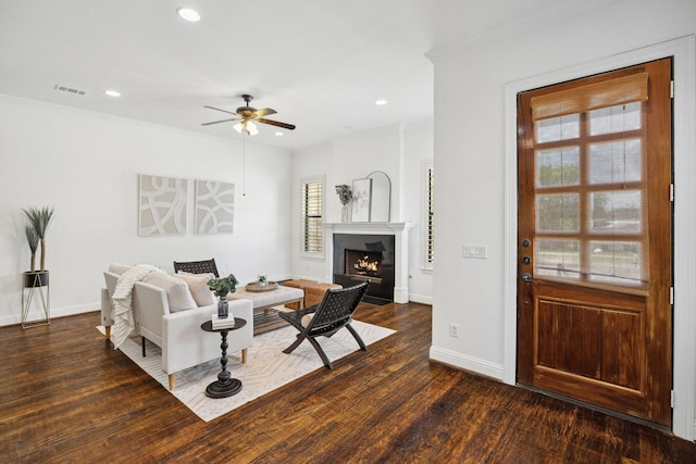 1120 Hemingway Ln, Irving, TX 75063 - living area with a ceiling fan, dark wood finished floors, recessed lighting, a fireplace with flush hearth, and baseboards