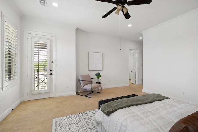 1120 Hemingway Ln, Irving, TX 75063 - bedroom featuring light colored carpet, ornamental molding, access to outside, baseboards, and recessed lighting