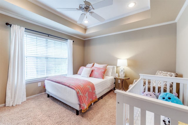 9352 Stratford Way, Dallas, TX 75220 - carpeted bedroom featuring crown molding, baseboards, a tray ceiling, recessed lighting, and a ceiling fan