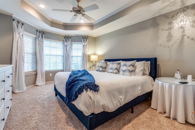 9352 Stratford Way, Dallas, TX 75220 - bedroom featuring crown molding, light colored carpet, a chandelier, a tray ceiling, and baseboards