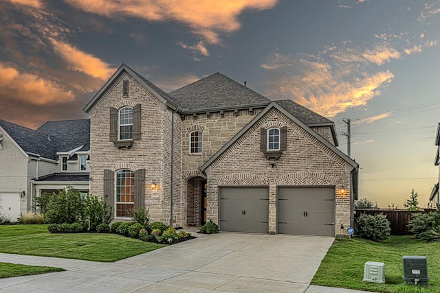 1050 Adair Rd, Prosper, TX 75078 - french provincial home featuring driveway, brick siding, a front lawn, roof with shingles, and stone siding