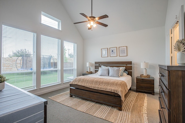 1050 Adair Rd, Prosper, TX 75078 - bedroom with high vaulted ceiling, light carpet, and a ceiling fan