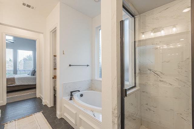 1050 Adair Rd, Prosper, TX 75078 - bathroom featuring a bath, a marble finish shower, ensuite bath, and tile patterned floors