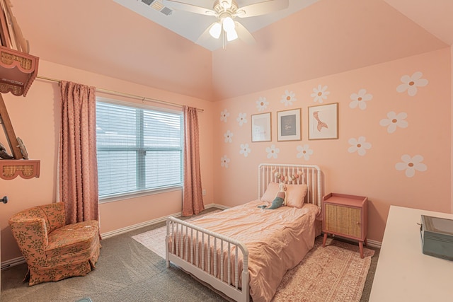 1050 Adair Rd, Prosper, TX 75078 - bedroom with carpet, baseboards, vaulted ceiling, and ceiling fan