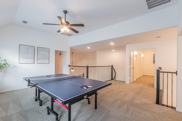 1050 Adair Rd, Prosper, TX 75078 - game room featuring light colored carpet, ceiling fan, baseboards, recessed lighting, and vaulted ceiling