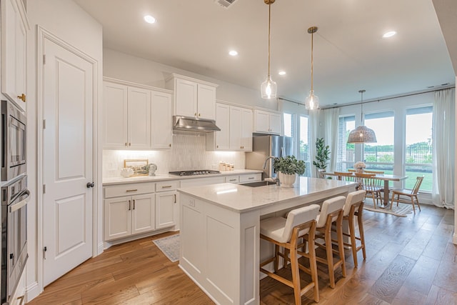 1050 Adair Rd, Prosper, TX 75078 - kitchen featuring under cabinet range hood, stainless steel appliances, a sink, light wood-style floors, and white cabinets
