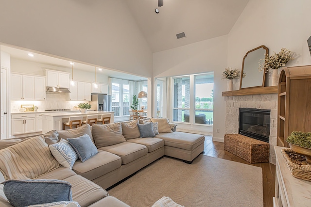 1050 Adair Rd, Prosper, TX 75078 - living area featuring light wood finished floors, high vaulted ceiling, and a fireplace