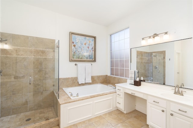 3509 Walington Dr, Plano, TX 75093 - bathroom with vanity, a garden tub, a stall shower, and tile patterned flooring