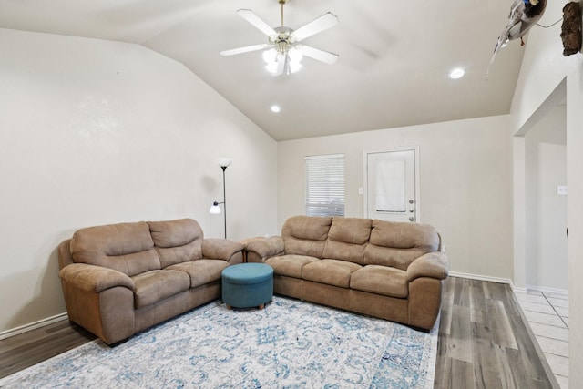 110 Apache Trl, Alvarado, TX 76009 - living area featuring vaulted ceiling, wood finished floors, ceiling fan, baseboards, and recessed lighting