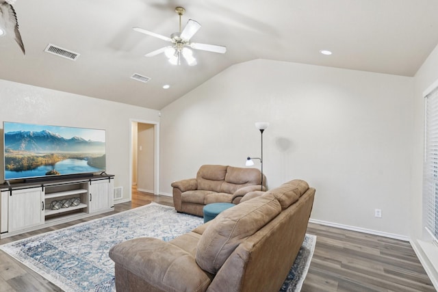 110 Apache Trl, Alvarado, TX 76009 - living room featuring vaulted ceiling, wood finished floors, ceiling fan, recessed lighting, and baseboards