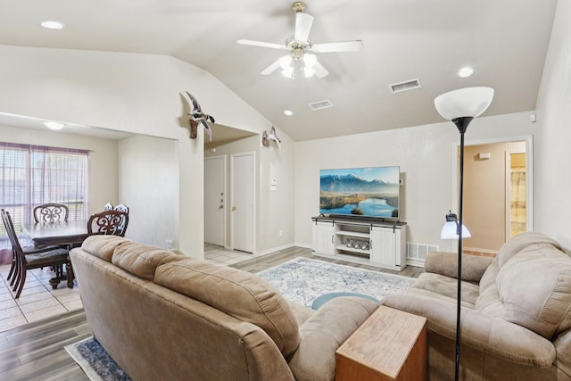110 Apache Trl, Alvarado, TX 76009 - living room featuring lofted ceiling, light wood-style flooring, a ceiling fan, and recessed lighting