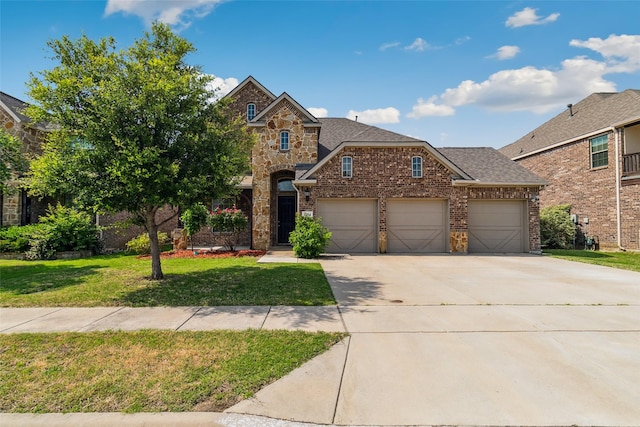 2204 Benjamin Creek Dr, Little Elm, TX 75068 - traditional-style home featuring driveway, a front yard, an attached garage, brick siding, and a shingled roof