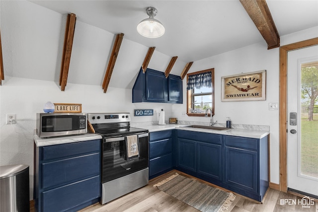 367 Penobscot Trl, Henrietta, TX 76365 - kitchen featuring stainless steel appliances, a sink, blue cabinetry, and light wood finished floors
