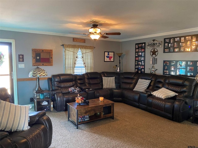 2620 N State Highway 37, Quitman, TX 75783 - carpeted living room with crown molding and ceiling fan