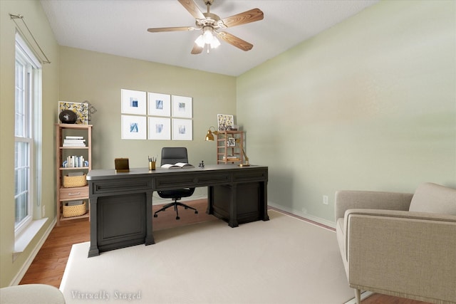 1302 Woodmont Dr, Allen, TX 75002 - office with baseboards, wood finished floors, and ceiling fan