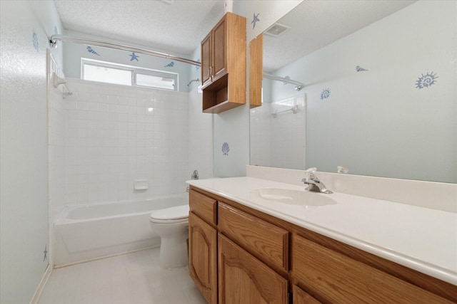 1302 Woodmont Dr, Allen, TX 75002 - bathroom with shower / bathtub combination, toilet, vanity, and a textured ceiling