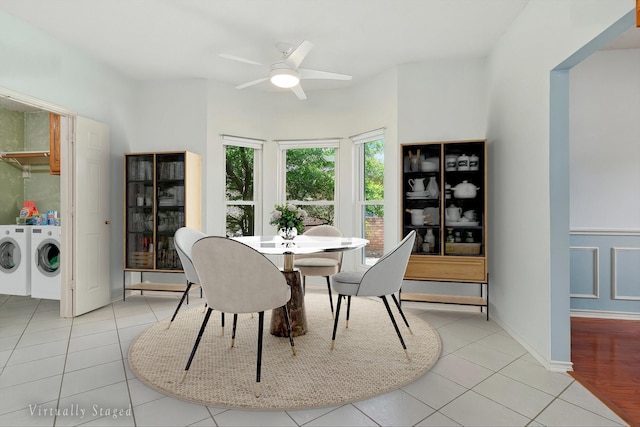 1302 Woodmont Dr, Allen, TX 75002 - dining space featuring light tile patterned floors, separate washer and dryer, and a ceiling fan