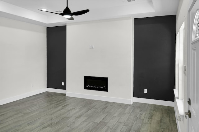 5506 Cold Water Trl, Granbury, TX 76048 - spare room with ceiling fan, wood finished floors, baseboards, and a tray ceiling
