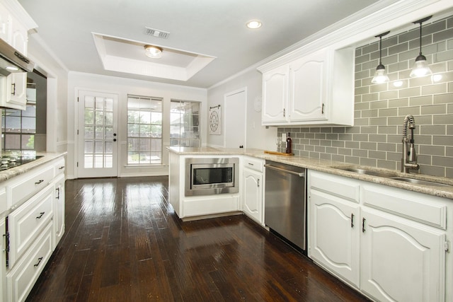 611 Christan Ct, Rockwall, TX 75087 - kitchen featuring appliances with stainless steel finishes, a sink, tasteful backsplash, a peninsula, and a raised ceiling