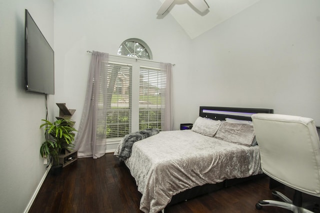 611 Christan Ct, Rockwall, TX 75087 - bedroom featuring hardwood / wood-style floors, baseboards, high vaulted ceiling, and a ceiling fan
