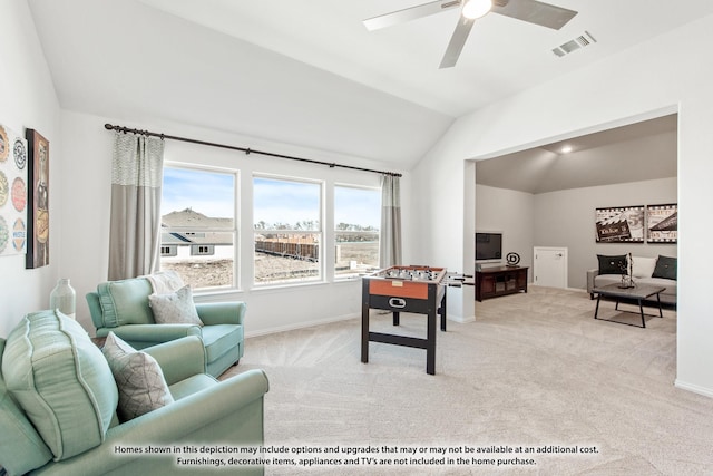 1025 Raptor Rd, Alvarado, TX 76009 - recreation room featuring lofted ceiling, light carpet, ceiling fan, and baseboards