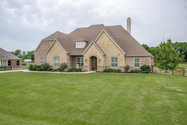 9410 Tay Ln, Justin, TX 76247 - french country style house with a chimney, stone siding, a shingled roof, and brick siding