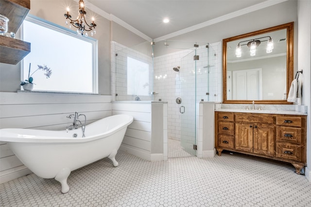 9410 Tay Ln, Justin, TX 76247 - bathroom featuring a stall shower, a soaking tub, vanity, ornamental molding, and a chandelier