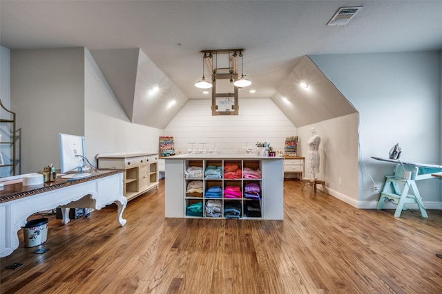 9410 Tay Ln, Justin, TX 76247 - kitchen with open shelves, wood finished floors, lofted ceiling, baseboards, and a center island