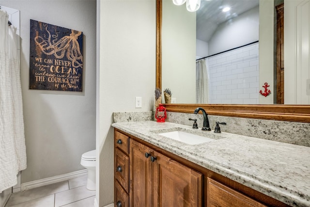 9410 Tay Ln, Justin, TX 76247 - bathroom with tile patterned floors, vanity, toilet, curtained shower, and baseboards