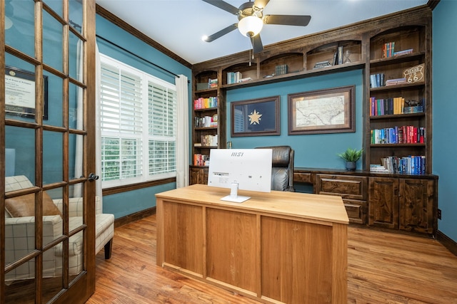 9410 Tay Ln, Justin, TX 76247 - office featuring ornamental molding, light wood-type flooring, baseboards, and ceiling fan