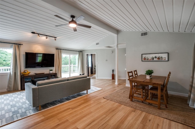 1410 Traildust Dr, Lowry Crossing, TX 75069 - living room featuring healthy amount of natural light, a ceiling fan, light wood-style flooring, and wood ceiling