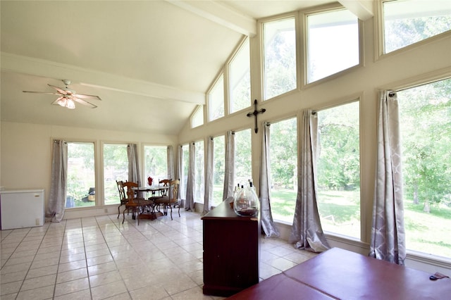 738 Westwood Dr, Marlin, TX 76661 - sunroom featuring tile patterned flooring, high vaulted ceiling, and beamed ceiling