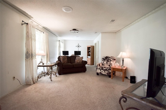 738 Westwood Dr, Marlin, TX 76661 - carpeted living room featuring ornamental molding and a textured ceiling
