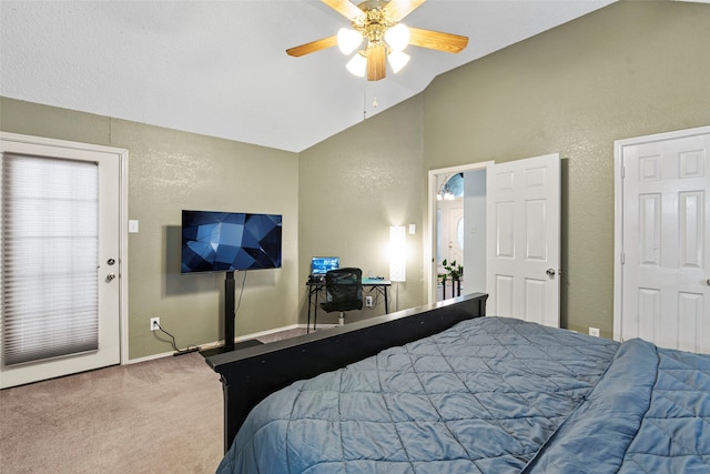 2229 Brooklake St W, Denton, TX 76207 - bedroom featuring carpet flooring, vaulted ceiling, an office area, a ceiling fan, and a textured wall