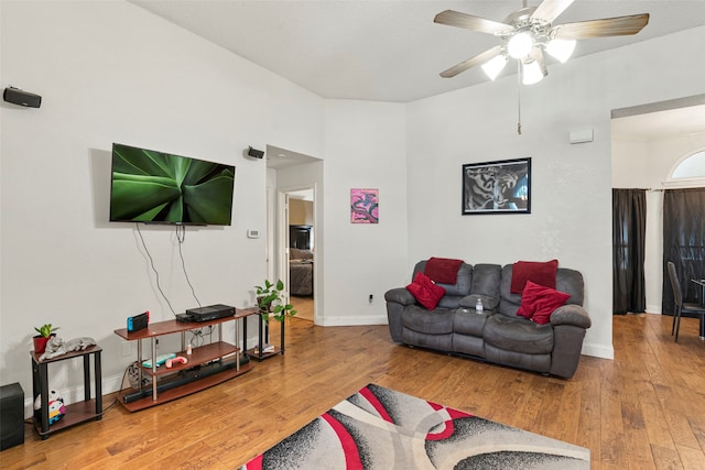 2229 Brooklake St W, Denton, TX 76207 - living area with hardwood / wood-style floors, ceiling fan, and baseboards
