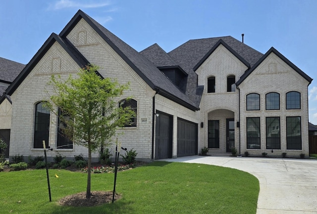 1805 Gem Dr, Rockwall, TX 75087 - french country home with brick siding, driveway, a front yard, an attached garage, and a shingled roof