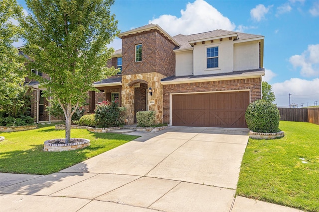 4104 Portola Dr, Mckinney, TX 75070 - view of front of house with stucco siding, concrete driveway, an attached garage, roof with shingles, and stone siding