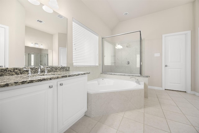 4104 Portola Dr, Mckinney, TX 75070 - bathroom featuring a garden tub, vanity, tile patterned flooring, and a tile shower
