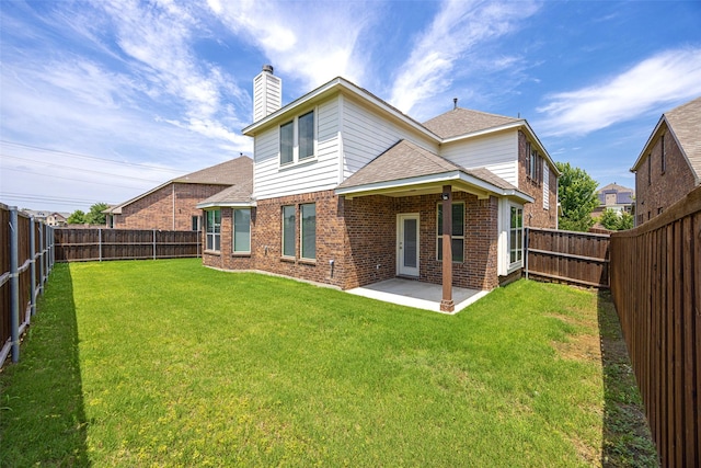 4104 Portola Dr, Mckinney, TX 75070 - rear view of property featuring brick siding, a chimney, a shingled roof, a fenced backyard, and a patio area