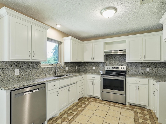 7275 Fm 455 W, Sanger, TX 76266 - kitchen with stainless steel appliances, a sink, ventilation hood, inlaid floor details, and white cabinets