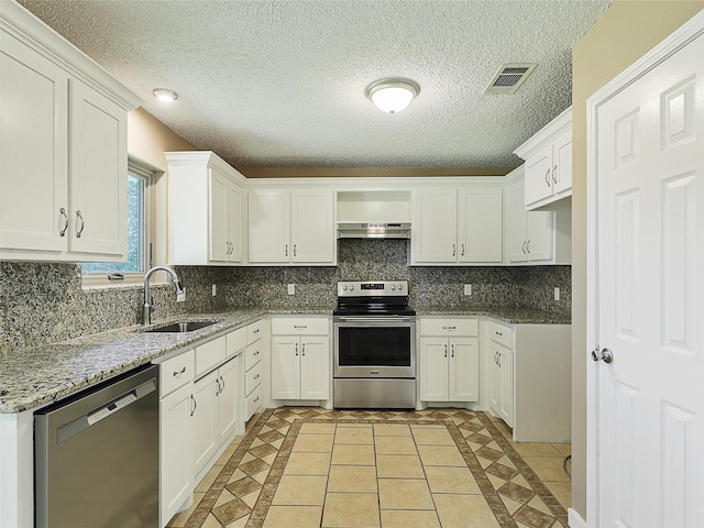 7275 Fm 455 W, Sanger, TX 76266 - kitchen featuring stainless steel appliances, a sink, under cabinet range hood, light stone counters, and white cabinetry