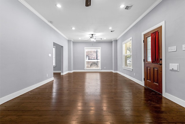 729 S Winnetka Ave, Dallas, TX 75208 - unfurnished living room featuring ornamental molding, ceiling fan, recessed lighting, dark wood-style flooring, and baseboards