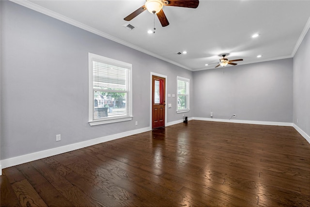 729 S Winnetka Ave, Dallas, TX 75208 - foyer with ceiling fan, dark wood finished floors, baseboards, ornamental molding, and recessed lighting