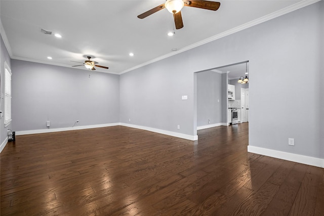 729 S Winnetka Ave, Dallas, TX 75208 - unfurnished room featuring a ceiling fan, ornamental molding, recessed lighting, dark wood-style flooring, and baseboards