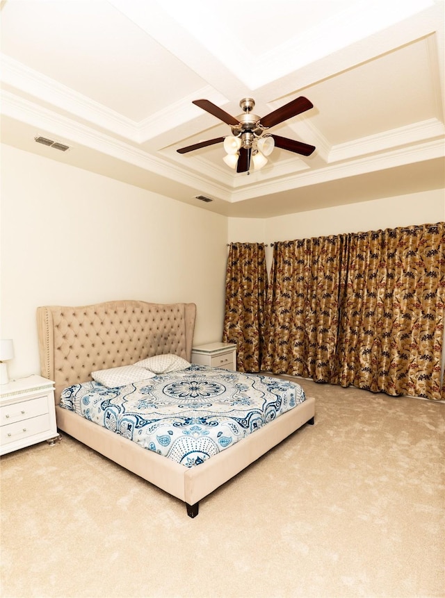 6925 Mercy Rd, Frisco, TX 75035 - bedroom featuring coffered ceiling, carpet flooring, crown molding, beamed ceiling, and a ceiling fan